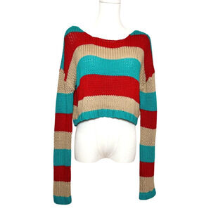 Active USA Striped Cropped Long Sleeve Wide Neck Sweater Small Medium